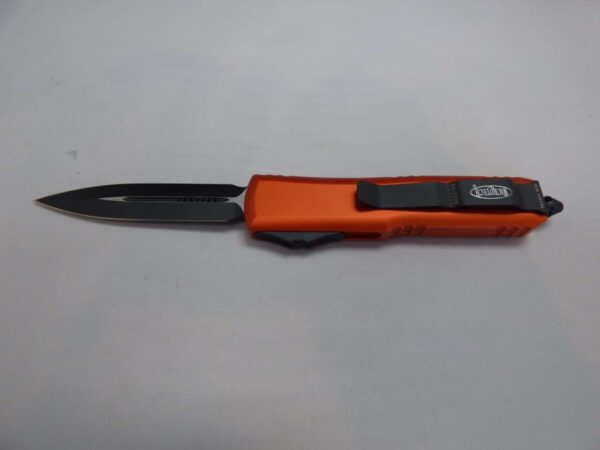 MICROTECH KNIVES UTX-85 DOUBLE EDGE ORANGE BLACK BLADE & HARDWARE STANDARD CLIP SIDE