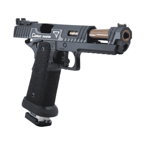 TARAN TACTICAL JOHN WICK 3 COMBAT MASTER SIGHT BLOCK .40S&W RIGHT SIDE VIEW FRONT ANGLE SLIDE LOCKED TO REAR