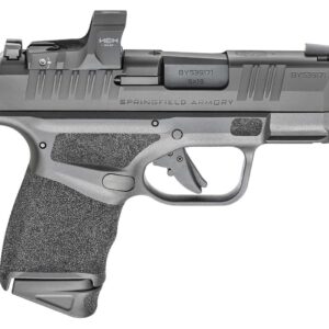 SPRINGFIELD ARMORY HELLCAT OSP WITH WASP OPTIC TOP LEFT SIDE VIEW FRONT ANGLE EXTENDED MAGAZINE