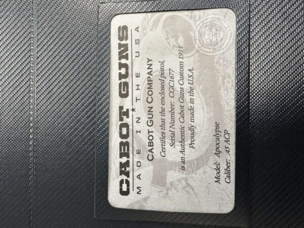 CABOT APOCALYPSE COMMANDER THREADED BARREL OPTIC READY .45 ACP CERTIFICATE OF AUTHENTICITY