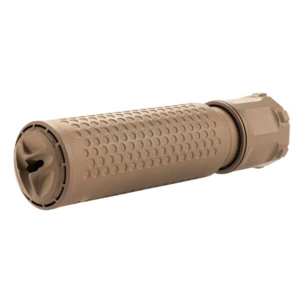 KNIGHTS ARMAMENT CO 5.56MM QDC/CRS PRT FDE SILENCER LEFT SIDE VIEW FRONT ANGLE