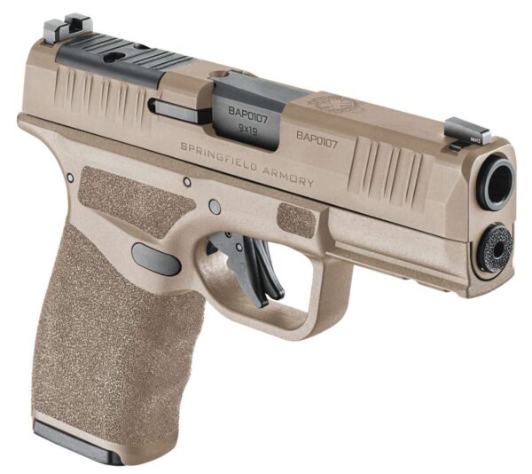 SPRINGFIELD HELLCAT® PRO OSP™ 9MM DESERT FDE TOP RIGHT SIDE VIEW FRONT ANGLE