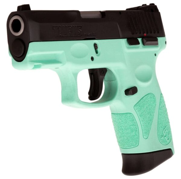 TAURUS G2C MATTE BLACK / CYAN LEFT SIDE VIEW FRONT ANGLE