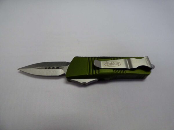 MICROTECH TROODON MINI DOUBLE EDGE OD GREEN STONEWASH STANDARD CLIP SIDE BLADE OUT