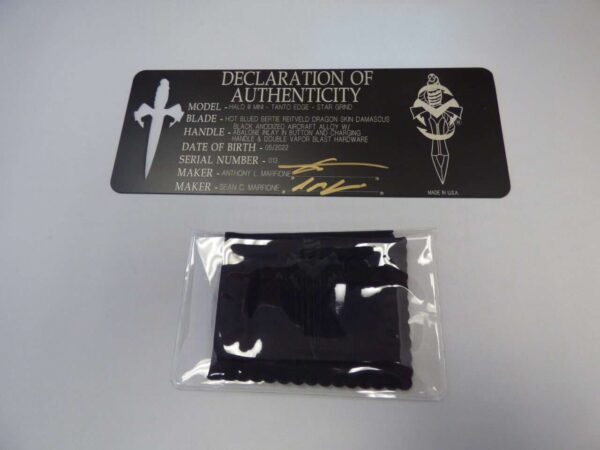 Microtech halo iii mini marfione custom declaration of authenticity with microfiber cleaning cloth