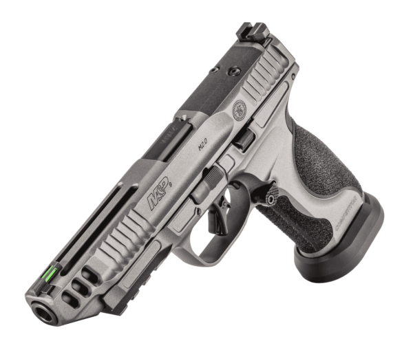 SMITH & WESSON PERFORMANCE CENTER M&P9 2.0 COMPETITOR FULL SIZE 17RND TOP LEFT SIDE VIEW FRONT ANGLE MUZZLE ANGLE DOWN